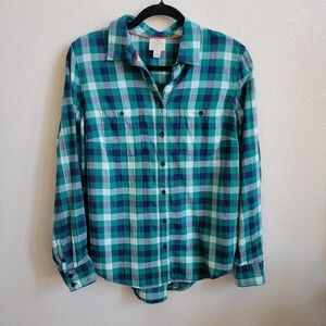 St. John's Bay Teal & Navy Plaid Flannel Long Sleeve Shirt Ladies Medium